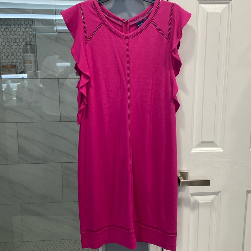 NWT Kaari Blue Pink Flutter Sleeve Dress Women Size L Knee Length Zip Closure